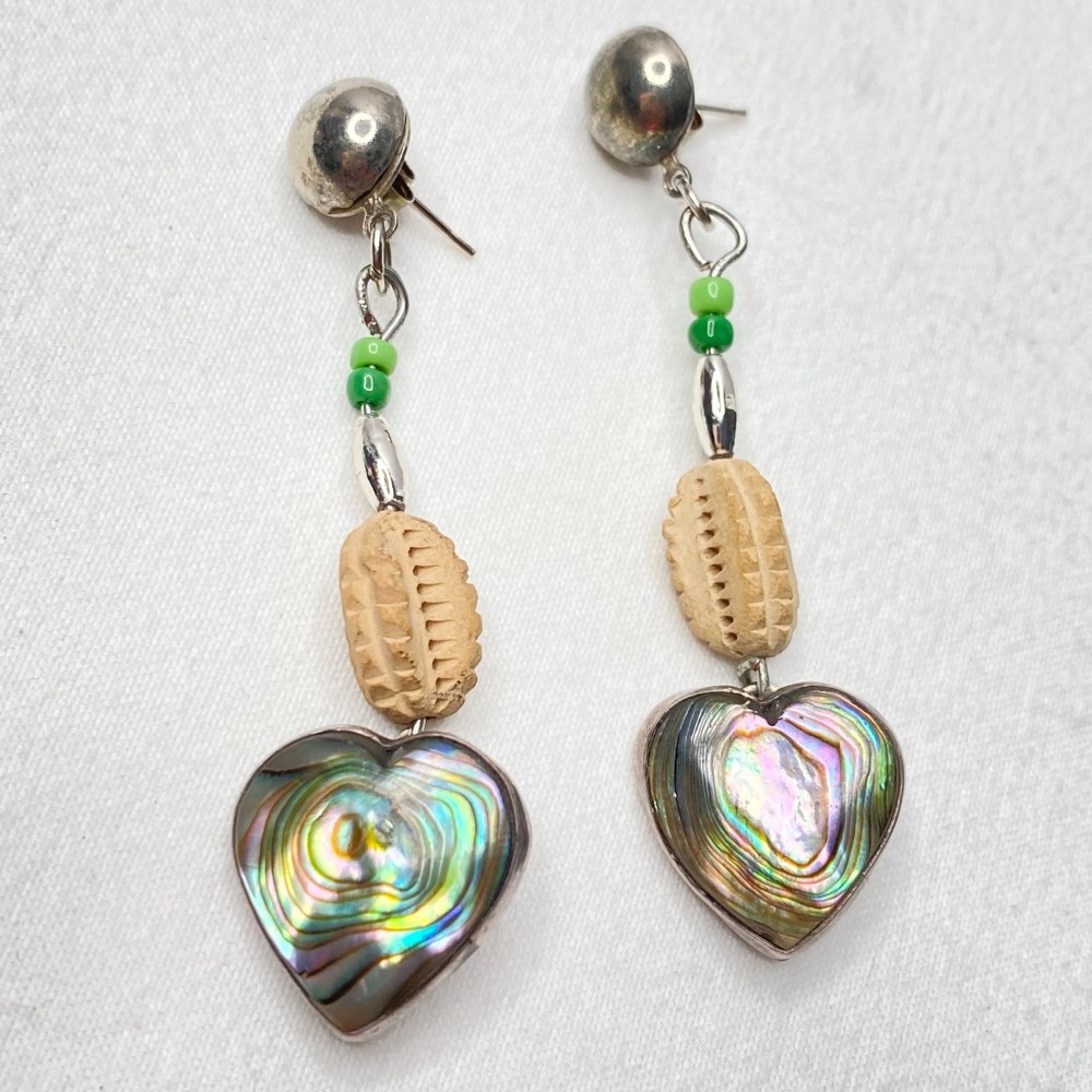 💎925 Sterling Silver Abalone Heart Dangle Drop Earrings